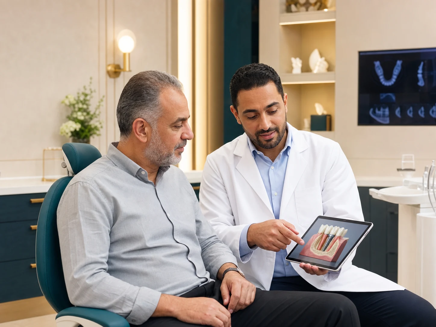 Dentist explaining premium dental implant treatment to a patient in Cairo
