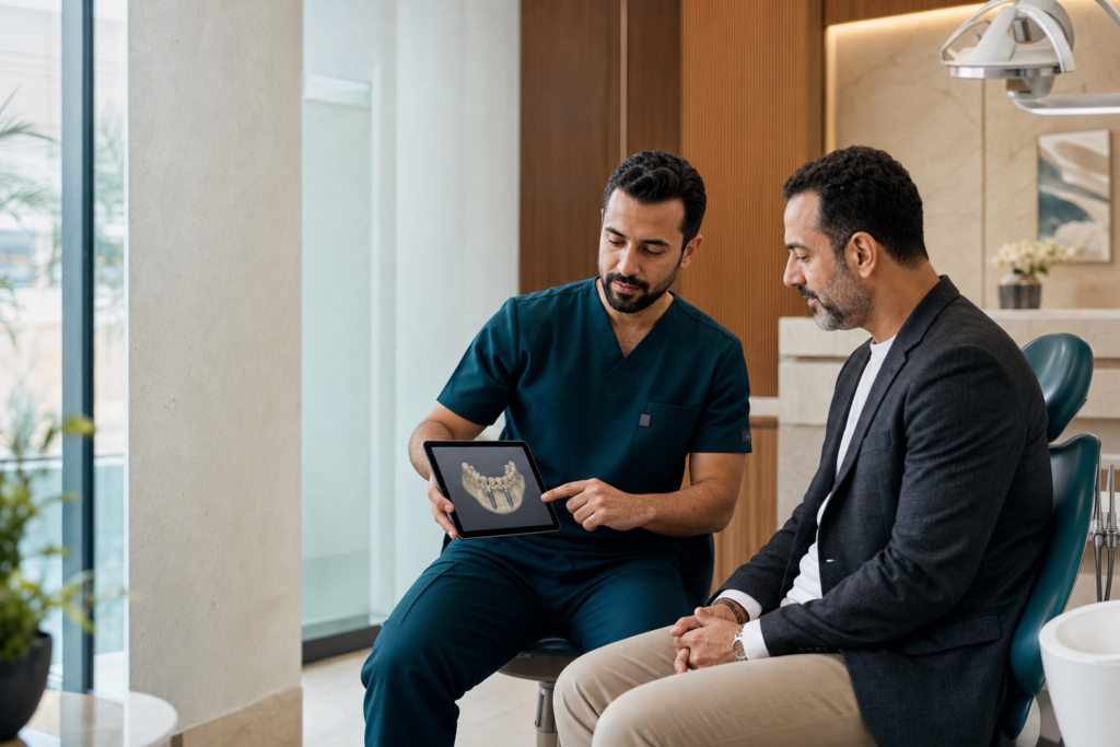 Dentist explaining a dental implant plan to a patient at Harris Healthcare Clinic